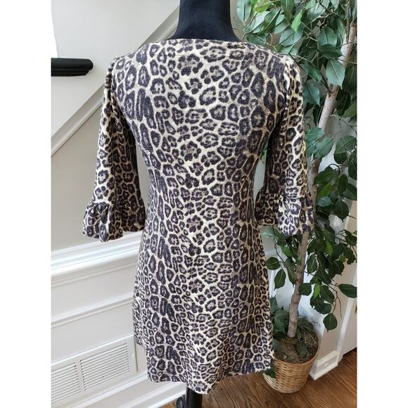 OB2-12 Sheath Dress Womens Small Multi Leopard Print Pleated Flare Sleeve V Neck - Picture 4 of 13
